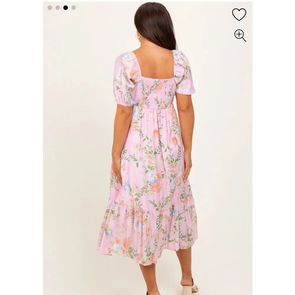 By The River Floral Pink Puff Midi Sleeve Dress - Picture 15 of 15